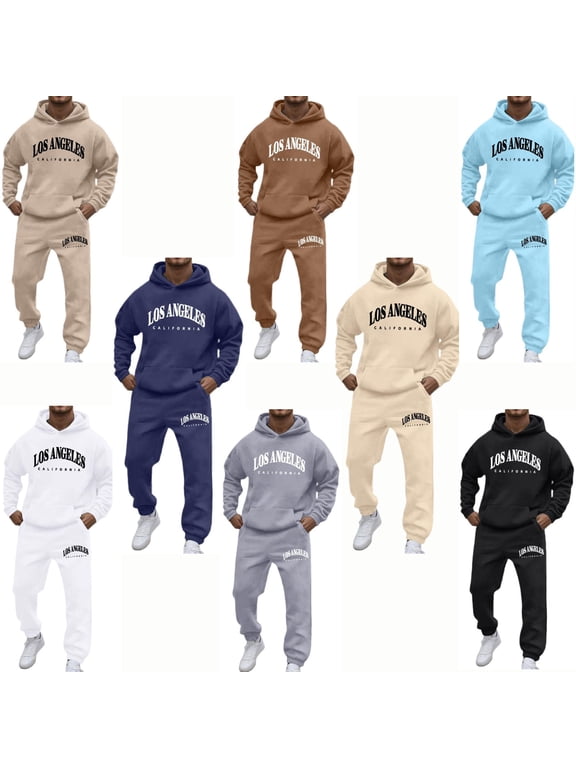 Men Hoodie Sweatpants 2 Piece Tracksuit, Pullover Hooded Sweatshirt & Jogger Pants Matching Outfit, LA California Letter Print Men Casual Streetwear Athletic Loungewear Set Dark Gray XL