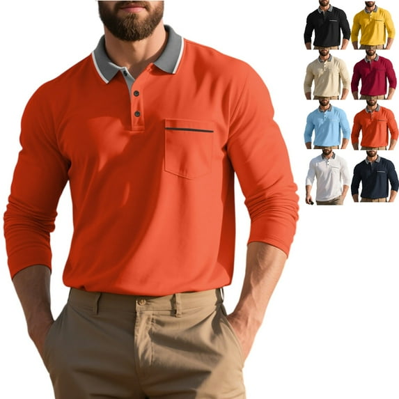 Zimjoy Men Long Sleeve Shirts Casual Quick-Dry Collared Shirt Big and Tall Henley Golf Shirts Lightweight Button Up Spring Collared Polo Shirt with Pocket, Orange XL
