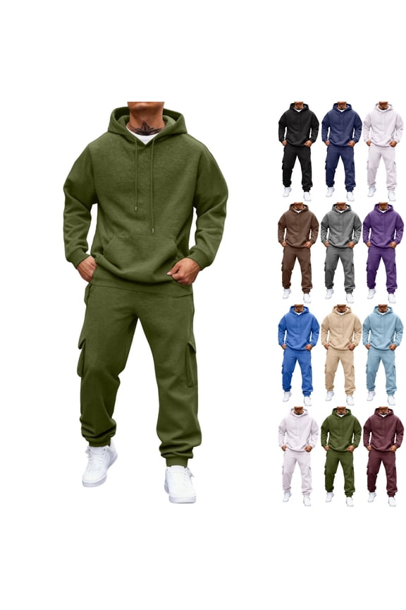 Men Sweatsuits Sets Sports Track Suits Mens Casual Winter Hoodie and Cargo Sweatpants Set Sherpa Lined Jogging Suits Sets with Pockets, Army Green M