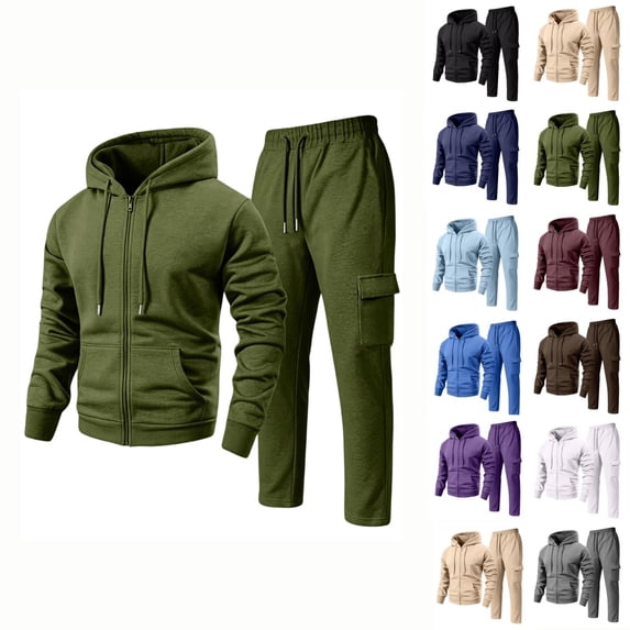 Zimjoy Men's 2 Piece Tracksuit Set, Full Zip Hoodie & Cargo Sweatpants, Zip Up Hooded Jacket with Pockets & Jogger Pants, Casual Athletic Sweatsuit for Gym Streetwear Daily Wear Army Green 2XL