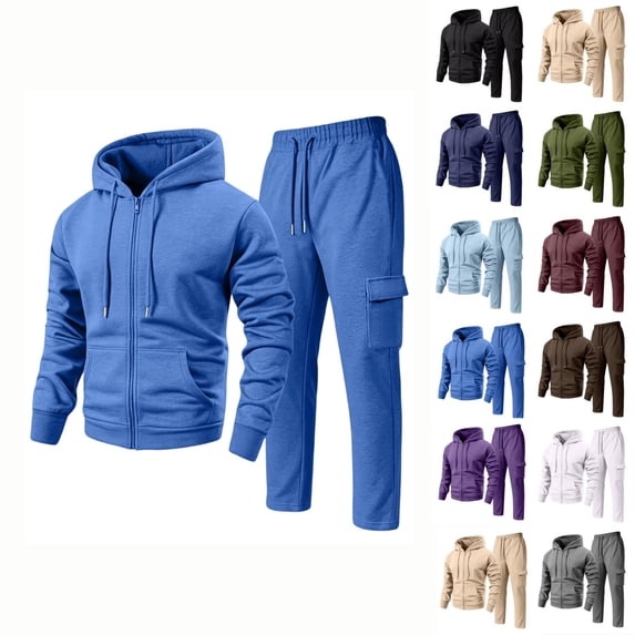 Zimjoy Men's 2 Piece Tracksuit Set, Full Zip Hoodie & Cargo Sweatpants, Zip Up Hooded Jacket with Pockets & Utility Jogger Pants, Casual Athletic Sweatsuit for Gym Streetwear Daily Wear Blue XL