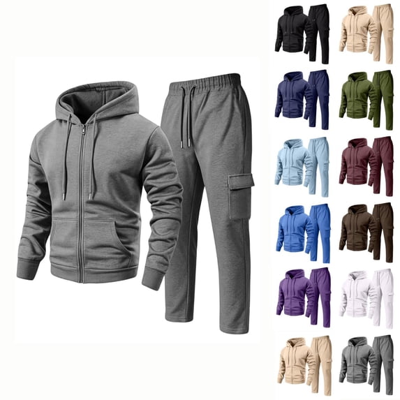 Zimjoy Men's 2 Piece Tracksuit Set, Full Zip Hoodie & Cargo Sweatpants, Zip Up Hooded Jacket with Pockets & Utility Jogger Pants, Casual Athletic Sweatsuit for Gym Streetwear Daily Wear Gray S