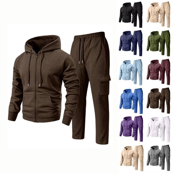 Zimjoy Men's 2 Piece Tracksuit Set, Full Zip Hoodie & Cargo Sweatpants, Zip Up Hooded Jacket with Pockets & Utility Jogger Pants, Casual Athletic Sweatsuit for Gym Streetwear Daily Wear Brown XL