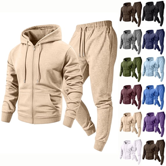 Zimjoy Men's 2 Piece Tracksuit Set, Full Zip Hoodie & Tapered Cargo Sweatpants, Zip Up Hooded Jacket with Pockets & Jogger Pants, Casual Athletic Sweatsuit for Gym Streetwear Daily Wear Khaki 2XL
