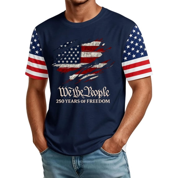 Zimjoy Men's 4th of July T-Shirts Patriotic Crew Neck Short Sleeve 250 USA Anniversary Shirts USA Flag Spliced Independence Day Shirts for Men, Navy S