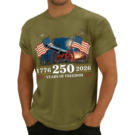 Zimjoy Men's 4th of July T-Shirts Patriotic Cannon Fireworks Graphic Tee Shirts 250 Years of Freedom Crew Neck Short Sleeve Tops, Army Green 3XL