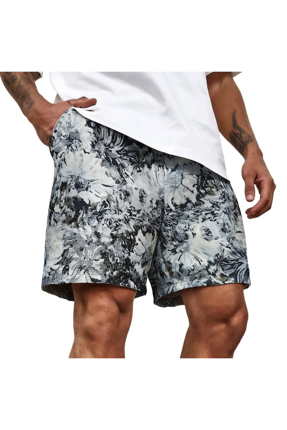 Men’s Beach Shorts Summer Cotton Floral Jacquard Short Elastic Drawstring Hawaii Print Short with Pockets, Black L