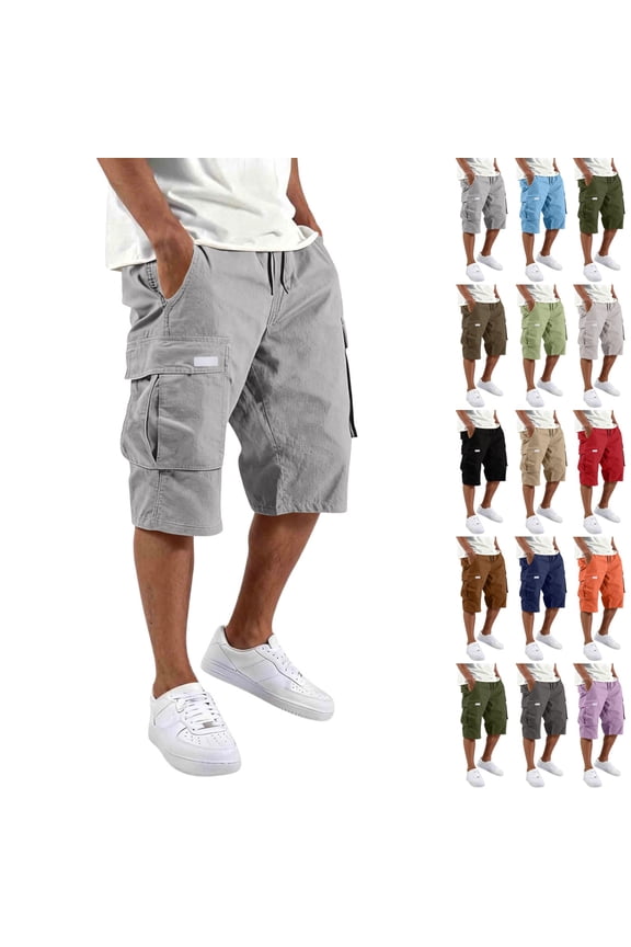 Men's Below Knee Cargo Shorts Elastic Waist Drawstring Lightweight Work Outdoor Shorts with Pockets, Gray S