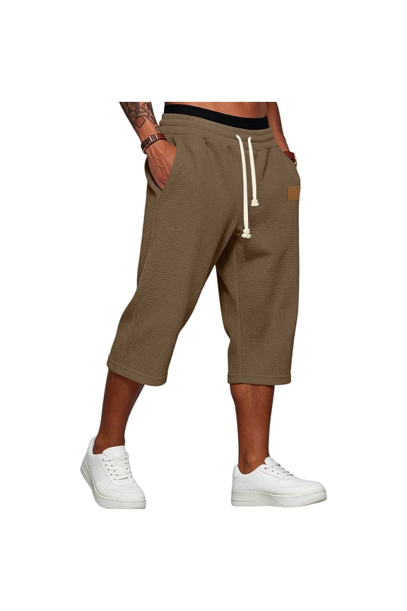 Men's Below Knee Long Shorts Lightweight Waffle Capri Shorts Hiking 3/4 Length Shorts Multi Pockets with Leather Label, Brown M
