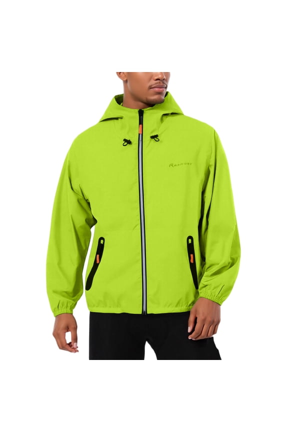 Men's Bomber Jacket Outdoor Oversized Water Resistant Full Zip Jackets Lightweight Hooded Rain Coat with Zipper Pocket Golf Running Clothing, Fluorescent Green M