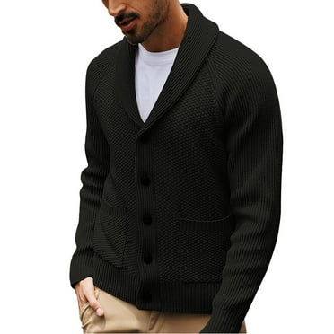 Zimjoy Men's Cardigan Sweaters Button Down Knit Sweater Long Sleeve Shawl Collar Men's Sweater Loose Fit Casual Cardigan Men Fall Winter Outwear with Pockets, Black L