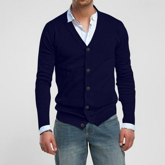 Zimjoy Men's Cardigan Sweaters Casual Button Up V Neck Knit Sweater Long Sleeve Open Front Slim Fit Blue Cardigan Lightweight Fall Clothes with Pocket, Navy M
