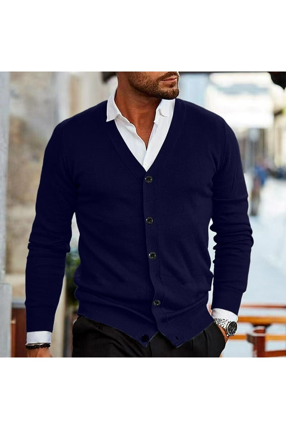 Men's Cardigan Sweaters Casual V Neck Button Down Cable Knitted Sweater Slim Fit Long Sleeve Cardigan Open Front Lightweight Fall Clothes with Pocket, Navy 3XL
