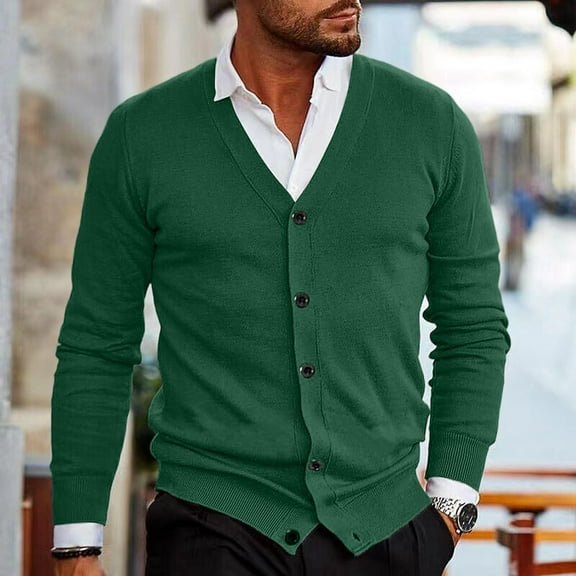 Zimjoy Men's Cardigan Sweaters Casual V Neck Cardigan Long Sleeve Slim Fit Button Up Ribbed Knit Sweater Vintage Lightweight Open Front Fall Clothes with Pocket, Dark Green 2XL