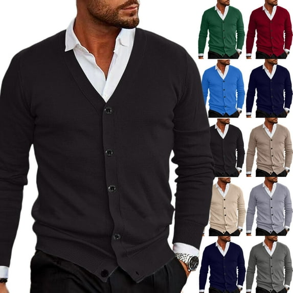 Zimjoy Men's Cardigan Sweaters Long Sleeve Button Down Cardigan Casual Slim Fit V Neck Knit Sweater Vintage Open Front Lightweight Fall Clothes with Pocket, Black 2XL