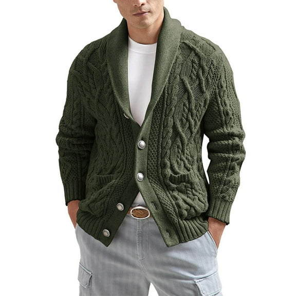 Zimjoy Men's Cardigan Sweaters Long Sleeve Button Down Men's Sweater Shawl Collar Cable Knit Sweater Loose Fit Casual Fall Winter Coat Mens Cardigan with Pockets, Army Green XL