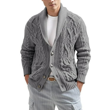 Zimjoy Men's Cardigan Sweaters Long Sleeve Button Down Men's Sweater Shawl Collar Cable Knit Sweater Loose Fit Casual Fall Winter Jacket Mens Cardigan with Pockets, Gray L
