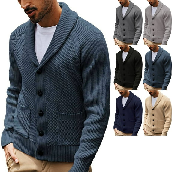 Zimjoy Men's Cardigan Sweaters Long Sleeve Shawl Collar Knit Sweater Button Up Mens Sweater Loose Fit Casual Fall Winter Coat Mens Cardigan with Pockets, Royal Blue L