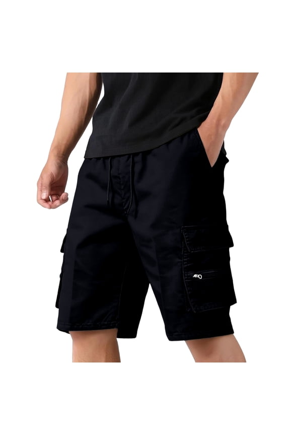 Men's Cargo Shorts Relaxed Durable Twill Work Shorts Elastic Drawstring Bermuda with Two Side Zip Pockets, Black L