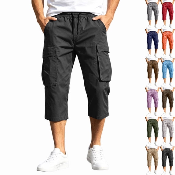 Zimjoy Men's Cargo Shorts Relaxed Fit Elastic Waist Stretch Lightweight Below The Knee Bermuda Casual Outdoor Hiking Shorts with 4 Pockets Black L