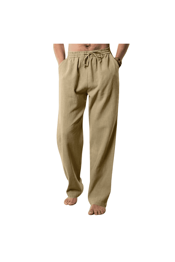 Men's Casual Pants Loose Straight Bamboo Linen Trousers Elastic Waist Drawstring Summer Lounge Pants, Khaki L