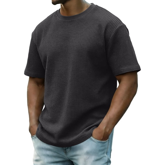 Zimjoy Men's Casual T-Shirts Classic Short Sleeve Waffle Knit Tees Crewneck Solid Tee Shirts Dark Gray S