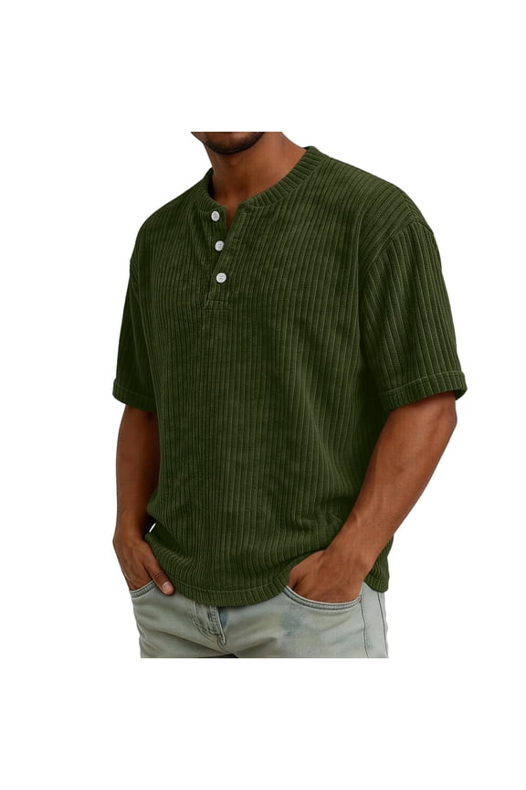 Men's Corduroy Shirts Henley Short Sleeve Pullover Shirts 3 Button Crew Neck Summer Tops, Army Green M