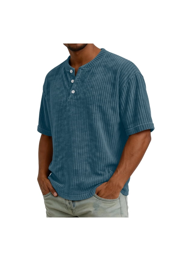 Men's Corduroy Shirts Henley Short Sleeve Pullover Shirts 3 Button Crew Neck Summer Tops, Dark Blue 2XL