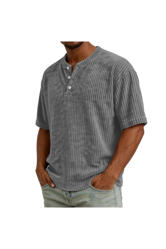 Men's Corduroy Shirts Henley Short Sleeve Pullover Shirts 3 Button Crew Neck Summer Tops, Gray M