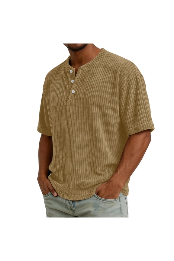 Men's Corduroy Shirts Henley Short Sleeve Pullover Shirts 3 Button Crew Neck Summer Tops, Khaki M
