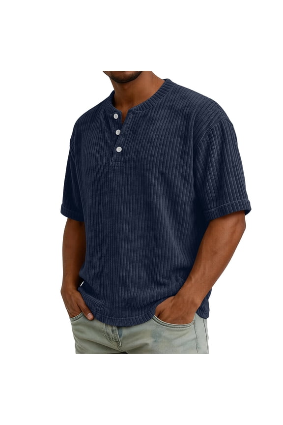 Men's Corduroy Shirts Henley Short Sleeve Pullover Shirts 3 Button Crew Neck Summer Tops, Navy M