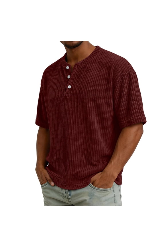 Men's Corduroy Shirts Henley Short Sleeve Pullover Shirts 3 Button Crew Neck Summer Tops, Wine M