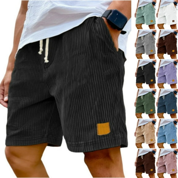 Zimjoy Men's Corduroy Shorts Causal 5 Inch Inseam Elastic Waist Summer Shorts Drawstring Textured Beach Shorts Mens Retro Lightweight Fit Short Pants with Pockets, Black 2XL