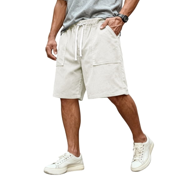 Zimjoy Men's Corduroy Shorts Loose Elastic Drawstring Bermuda Soft Knee Length Summer Shorts with Large Pockets, White 3XL
