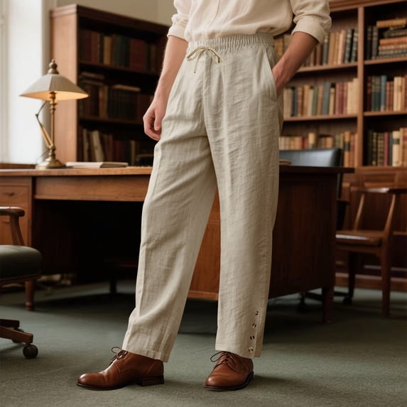Zimjoy Men's Cotton Linen Pants Loose Comfortable Sports Pants 4-Button Bottom Straight Leg Casual Trousers,Khaki L