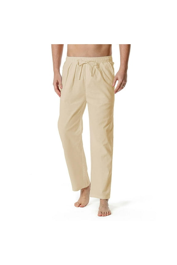 Men's Cotton Linen Pants Loose Straight Casual Trousers Drawstring Elastic Ankle-Length Lounge Pants for Yoga,Khaki L