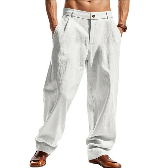 Zimjoy Men's Dress Pants Summer Wide Leg Linen Pants Breathable Casual Basic Trousers with Belt Loop, White L
