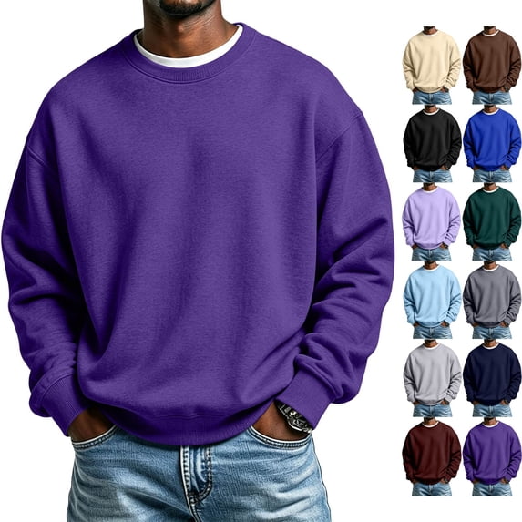 Zimjoy Men's Fleece Crewneck Sweatshirt Classic Fit Long Sleeve Pullover Top Warm Lightweight Basic Sweatshirts for Fall Winter Casual Daily Wear Purple L