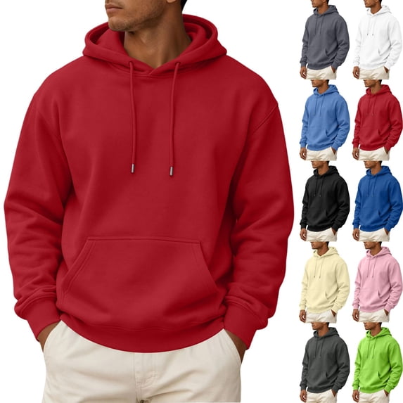 Zimjoy Men's Fleece Lined Hooded Sweatshirt Casual Long Sleeve Hoodies Pullover Fashion Drawstring Hoodie with Kangaroo Pocket Red L
