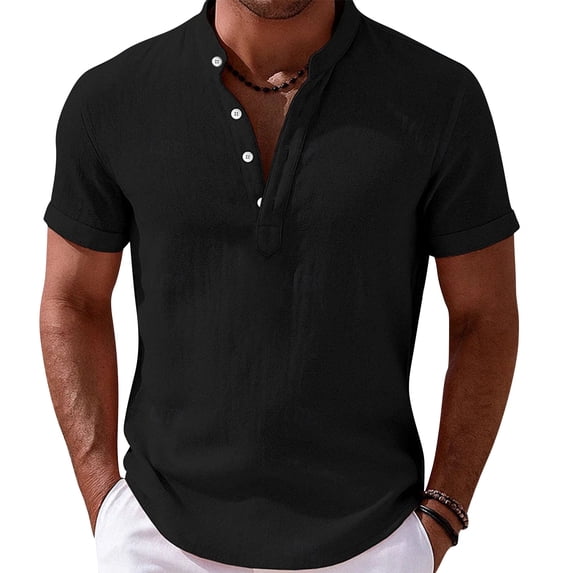 Zimjoy Men's Henley Shirts Casual Short Sleeve Bamboo Linen Band Collar Shirt Summer Button Basic Tee Black L