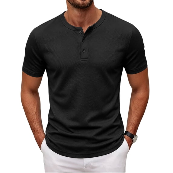 Zimjoy Men's Henley T-Shirt Short Sleeve Breathable Waffle Knit 3 Button Placket Regular Fit Casual Everyday Crew Neck Top Black 2XL