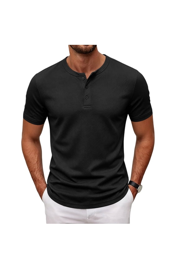 Men's Henley T-Shirt Short Sleeve Breathable Waffle Knit 3 Button Placket Regular Fit Casual Everyday Crew Neck Top Black L