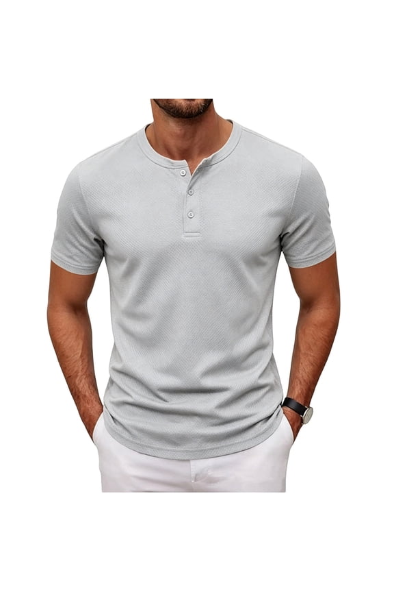 Men's Henley T-Shirt Short Sleeve Breathable Waffle Knit 3 Button Placket Regular Fit Casual Everyday Crew Neck Top Light Gray 3XL