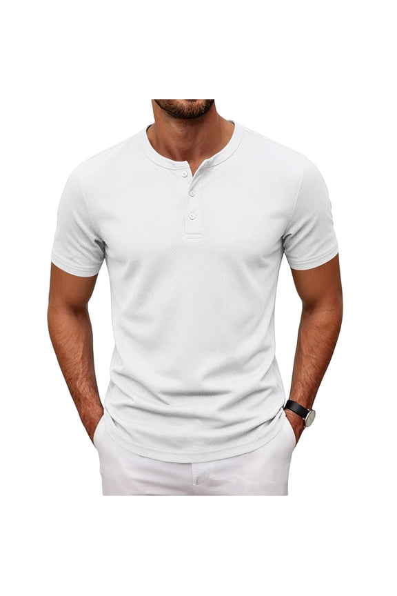 Men's Henley T-Shirt Short Sleeve Breathable Waffle Knit 3 Button Placket Regular Fit Casual Everyday Crew Neck Top White 3XL