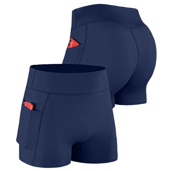 Zimjoy Men's High Waisted Compression Workout Shorts with Pockets Breathable 3" Running Shorts for Gym Yoga & Fitness Training Navy L