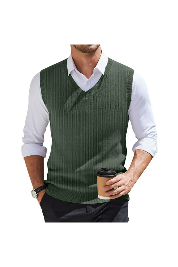 Men's Knitted Vest Casual V-Neck Knit Sweater Vest Plus Size Sleeveless Men's Sweaters Basic Vintage Winter Sweater Vests, Army Green L