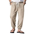 thumbnail image 1 of Zimjoy Men's Linen Beach Trousers Drawstring Elastic Waist Loose Fit Summer Casual Yoga Pants with Pockets, Khaki L, 1 of 3