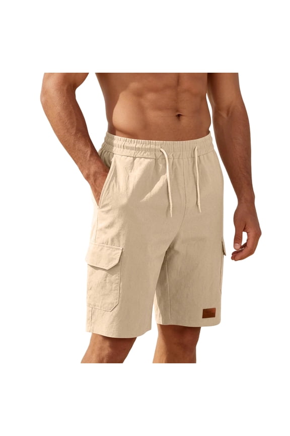 Men's Linen Cargo Shorts Elastic Drawstring Waist Multi-Pocket Casual Summer Shorts with Leather Patch for Hiking Beach Daily Wear Khaki L