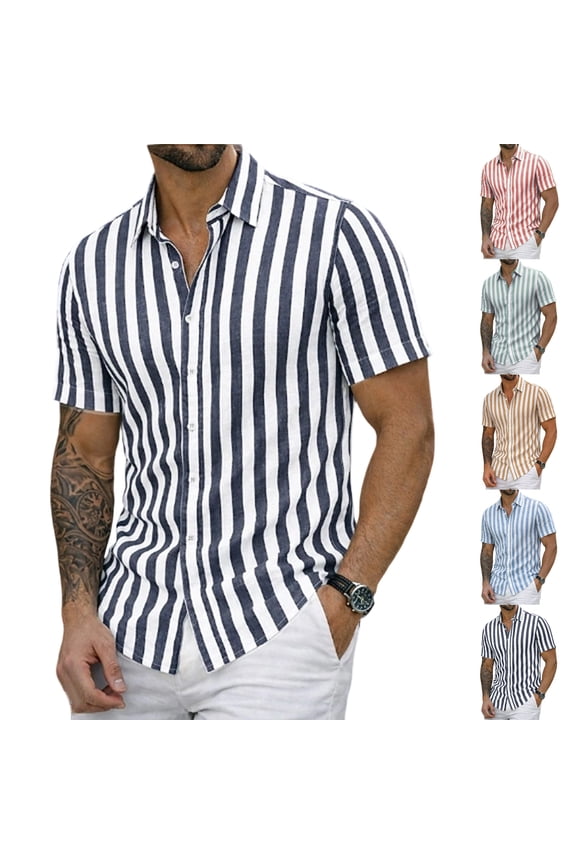 Men's Linen Shirts Classic Fit Casual Striped Short Sleeve Shirts Button Down Shirts for Men Beach Summer Wedding Tops, Dark Blue M