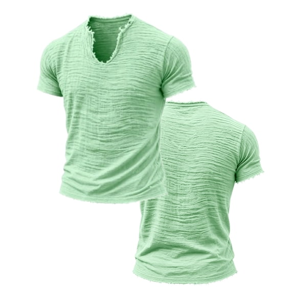 Zimjoy Men's Linen Shirts Loose Fit V-Neck Short Sleeve Tee Shirts Textured Solid Color Casual Streetwear Basic Tee Light Green 3XL